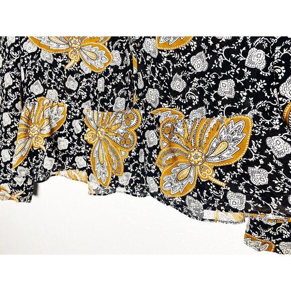 A.L.C. Women's Floral Lox Silk Top Black Gold Keyhole/V Neck Long Sleeve Peplum - Picture 9 of 13